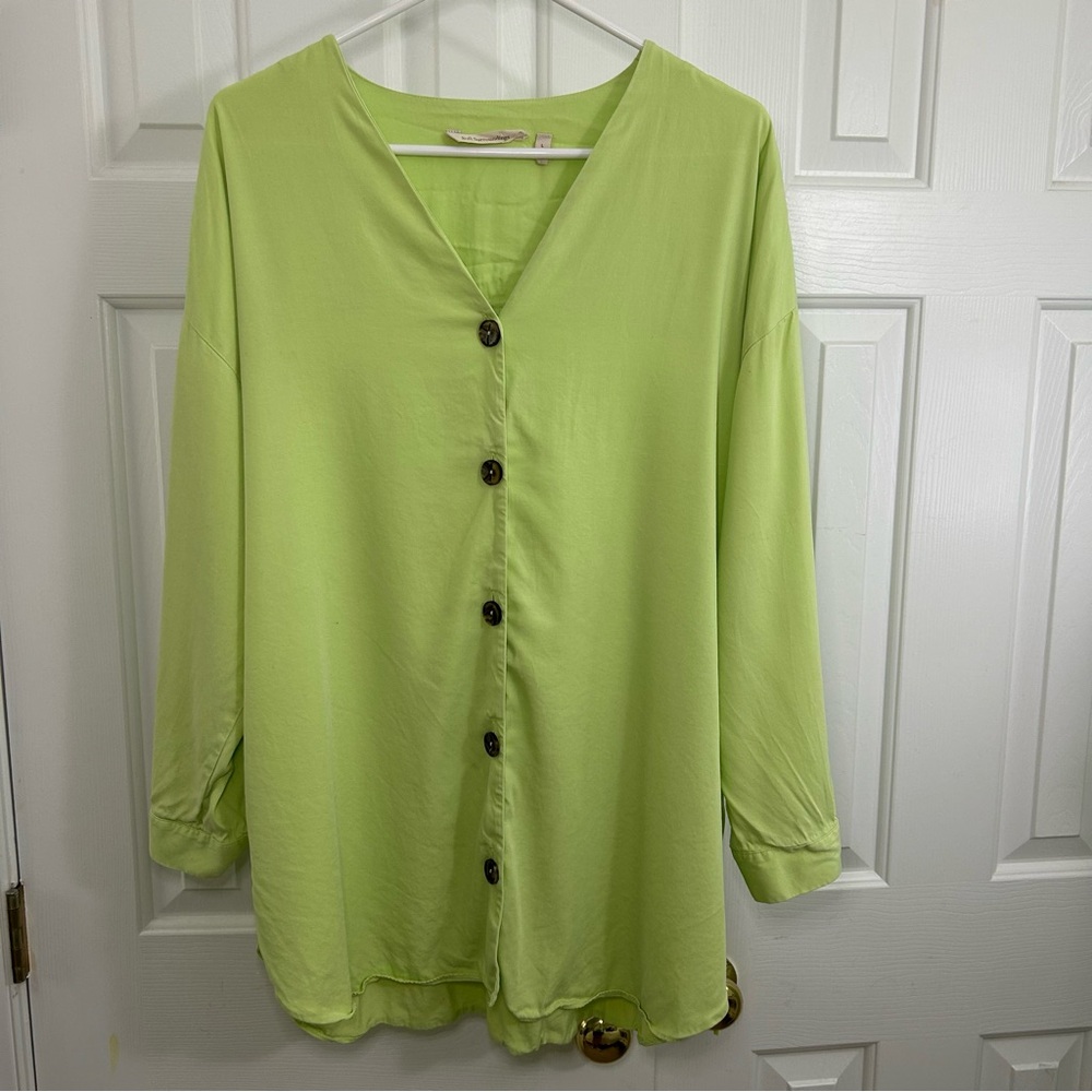 Soft Surroundings Lime Green Button Down Lagenlook V-Neck Tunic Top Size Large